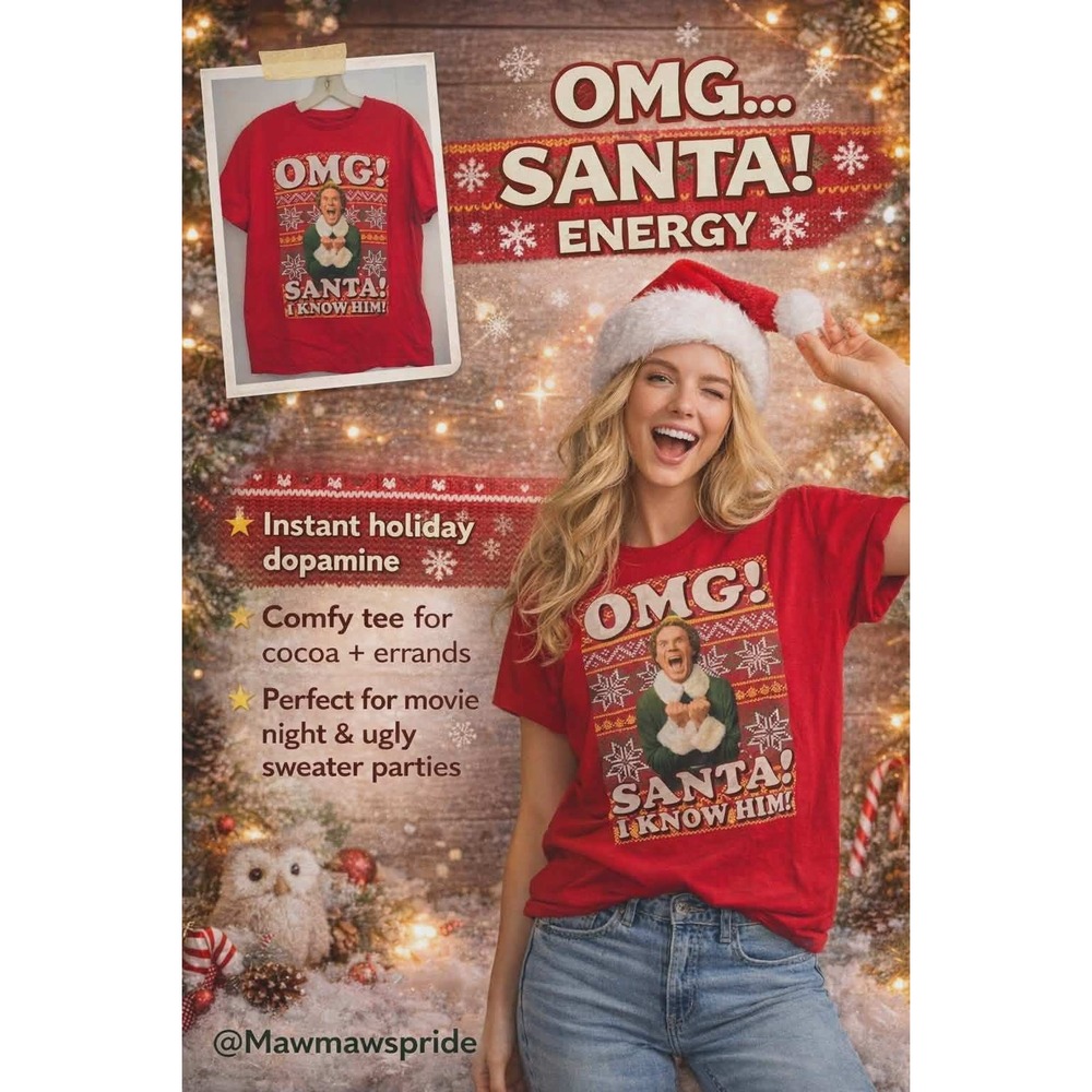Elf Movie OMG Santa I Know Him Ugly Christmas Sweater T Shirt Red‎ Womens L